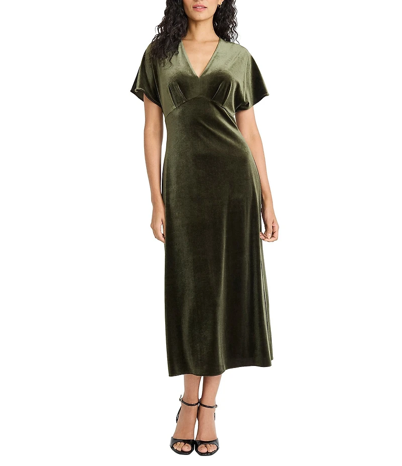 Maggy London Velvet V-Neck Short Sleeve Midi Dress