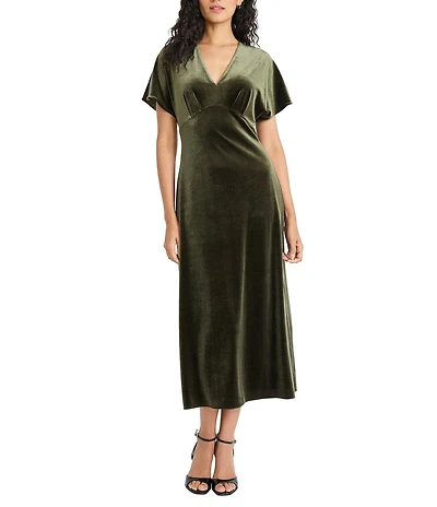 Maggy London Velvet V-Neck Short Sleeve Midi Dress