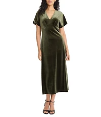 Maggy London Velvet V-Neck Short Sleeve Midi Dress