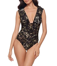 Magicsuit Balinese Dash Cap Sleeve Open Portrait Back One Piece Swimsuit