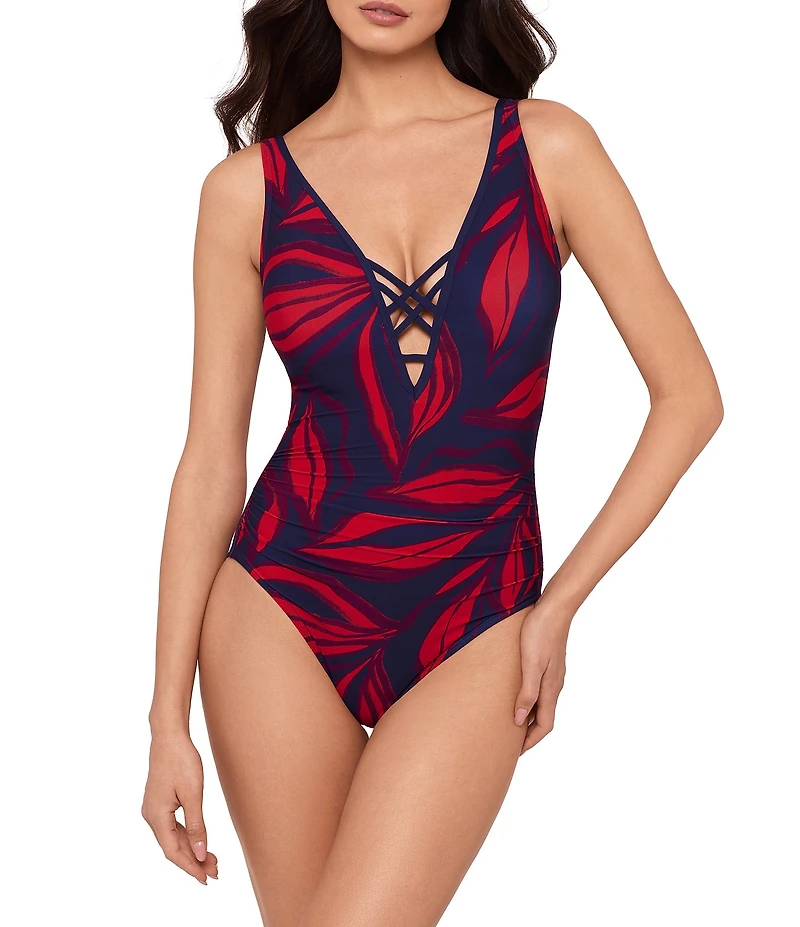 Magicsuit Rossobleu Ally Lace-Up Plunge One Piece Swimsuit