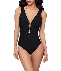 Magicsuit Solid Darly Beaded Plunge Neck One Piece Swimsuit