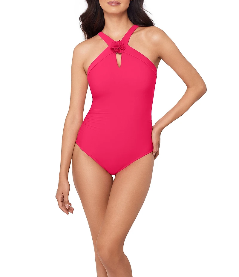 Magicsuit Solid Edith Floral Keyhole Halter Neck One Piece Swimsuit