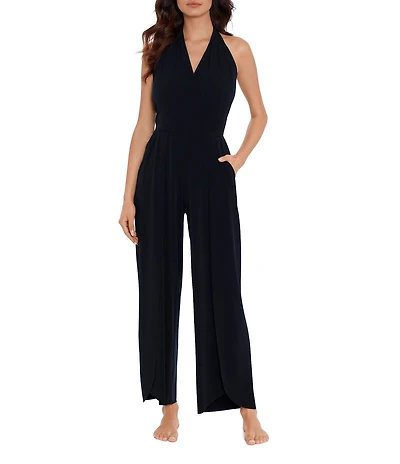 Magicsuit Solid Matte Jersey Halter Tie Wide Palazzo Jumpsuit Swim Cover-Up