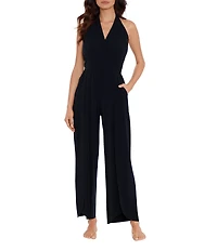 Magicsuit Solid Matte Jersey Halter Tie Wide Palazzo Jumpsuit Swim Cover-Up