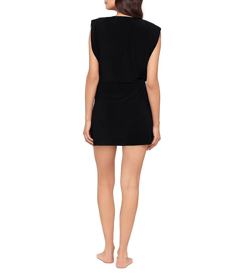 Magicsuit Solid Matte Jersey Surplice Plunge Blouson Dress Swim Cover-Up