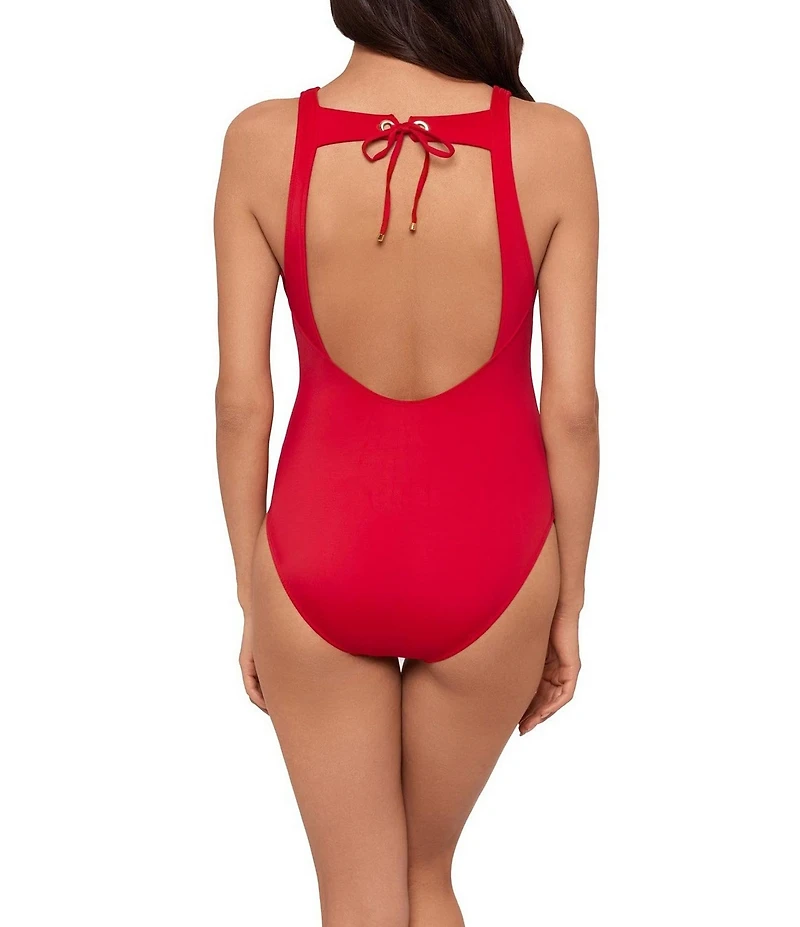 Magicsuit Solid Steffi Lace-Up Grommet Open Back Plunge One Piece Swimsuit