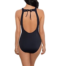 Magicsuit Solid Steffi Lace-Up Grommet Open Back Plunge One Piece Swimsuit