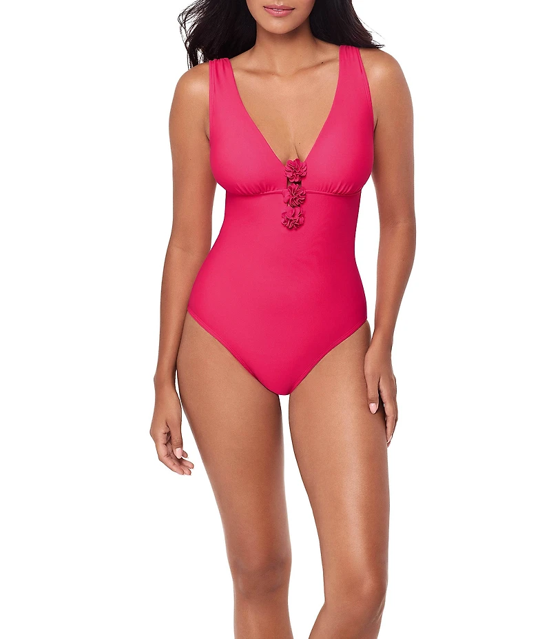 Magicsuit Solid Wallis Floral Plunge Neck One Piece Swimsuit