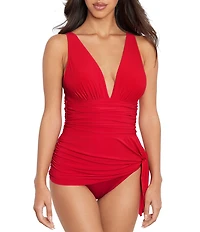 Magicsuit Solids Celine Shirred Side Tie Plunge Swim Dress