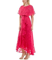 Moda Tara Foil Chiffon Short Capelet Sleeve Crew Neck Ruffle Skirt Maxi Dress