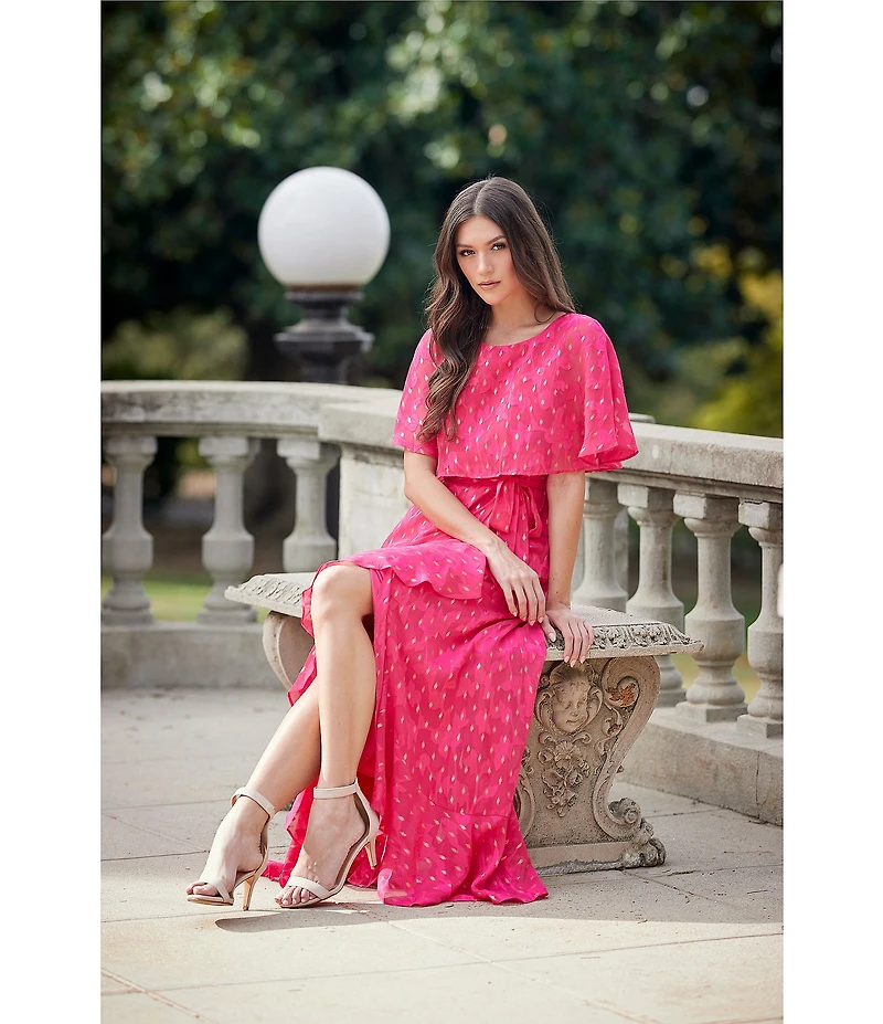 Moda Tara Foil Chiffon Short Capelet Sleeve Crew Neck Ruffle Skirt Maxi Dress