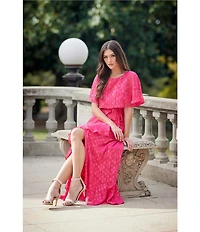 Moda Tara Foil Chiffon Short Capelet Sleeve Crew Neck Ruffle Skirt Maxi Dress