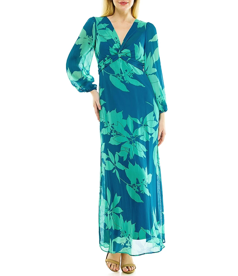 Maison Tara Long Sleeve V-Neck Front Twist 3/4 Sleeve Chiffon Empire Waist Maxi Dress