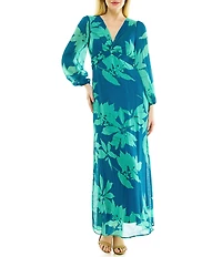 Maison Tara Long Sleeve V-Neck Front Twist 3/4 Sleeve Chiffon Empire Waist Maxi Dress