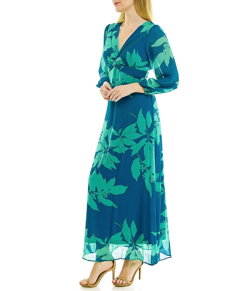 Maison Tara Long Sleeve V-Neck Front Twist 3/4 Sleeve Chiffon Empire Waist Maxi Dress