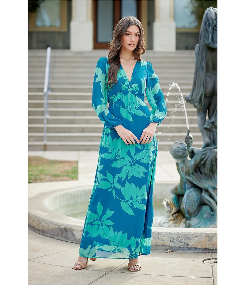 Maison Tara Long Sleeve V-Neck Front Twist 3/4 Sleeve Chiffon Empire Waist Maxi Dress