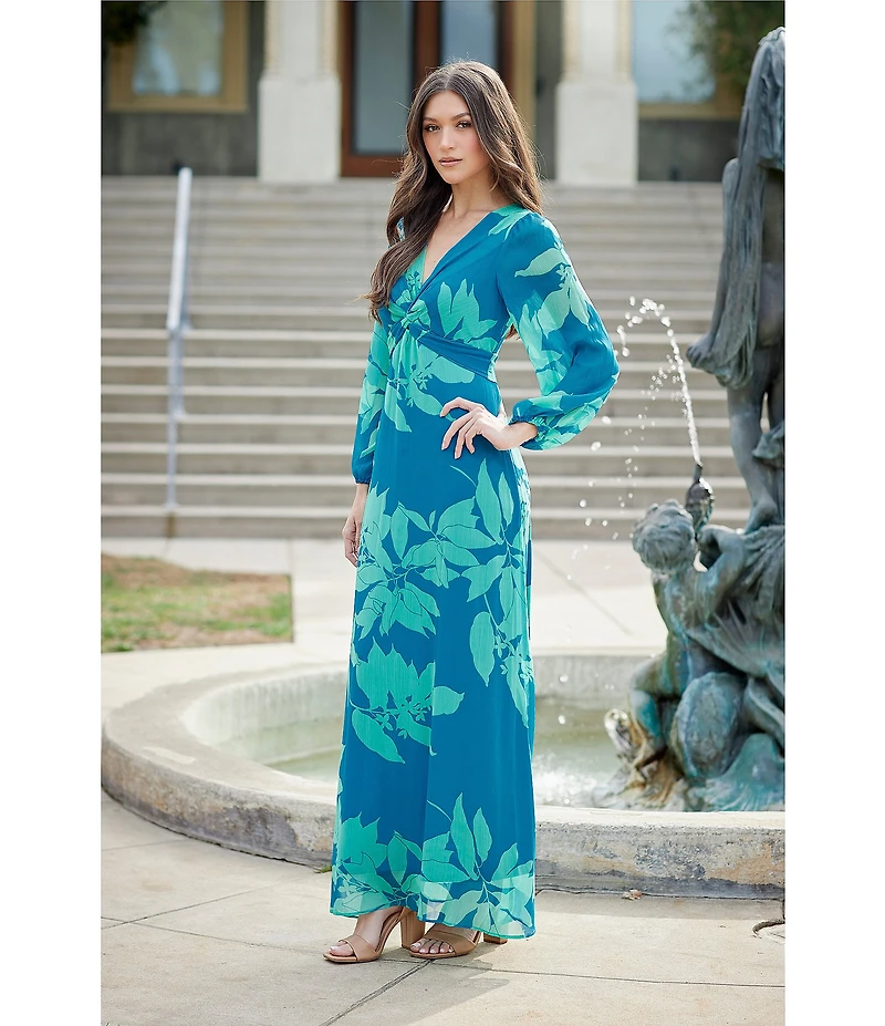 Maison Tara Long Sleeve V-Neck Front Twist 3/4 Sleeve Chiffon Empire Waist Maxi Dress