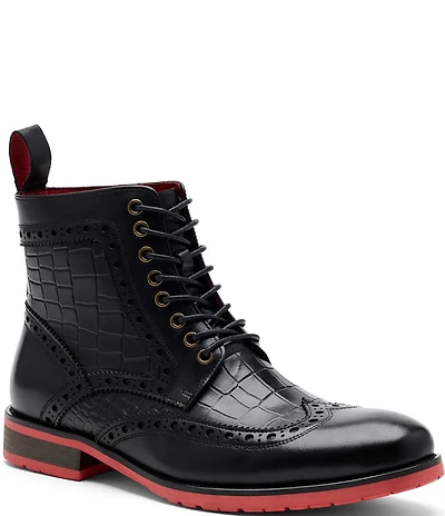 Marc Nolan Men's Belmont Croco Embossed Leather Brogue Detail Wingtip Combat Boots