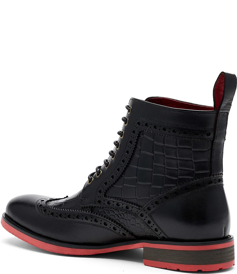Marc Nolan Men's Belmont Croco Embossed Leather Brogue Detail Wingtip Combat Boots