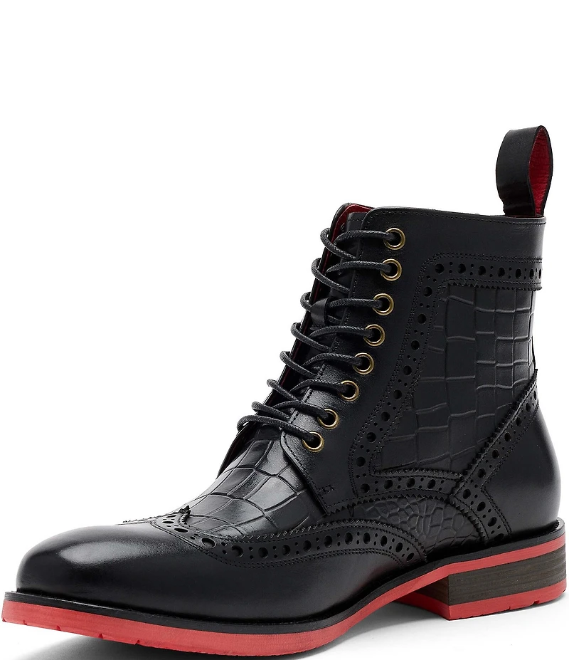 Marc Nolan Men's Belmont Croco Embossed Leather Brogue Detail Wingtip Combat Boots