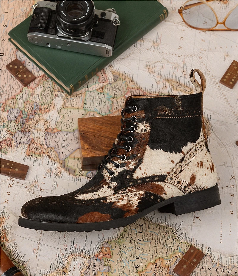 Marc Nolan Men's Belmont Cow Print Wingtip Brogue Detail Combat Boots