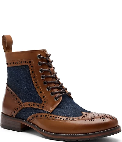 Marc Nolan Men's Belmont Leather and Denim Brogue Detail Wingtip Combat Boots