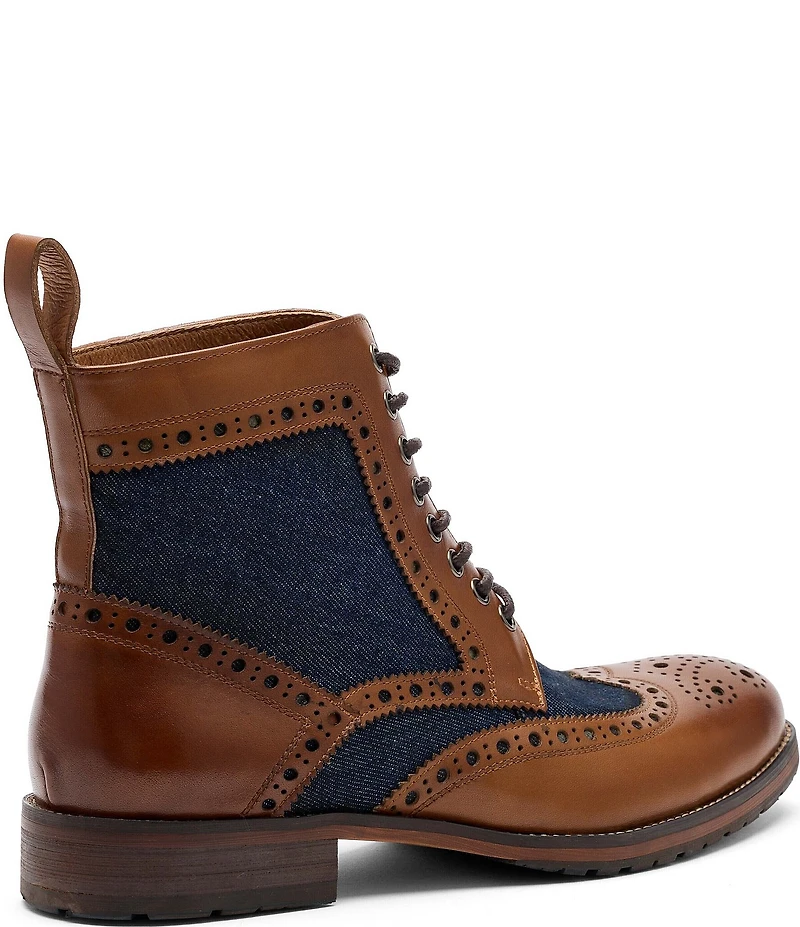 Marc Nolan Men's Belmont Leather and Denim Brogue Detail Wingtip Combat Boots
