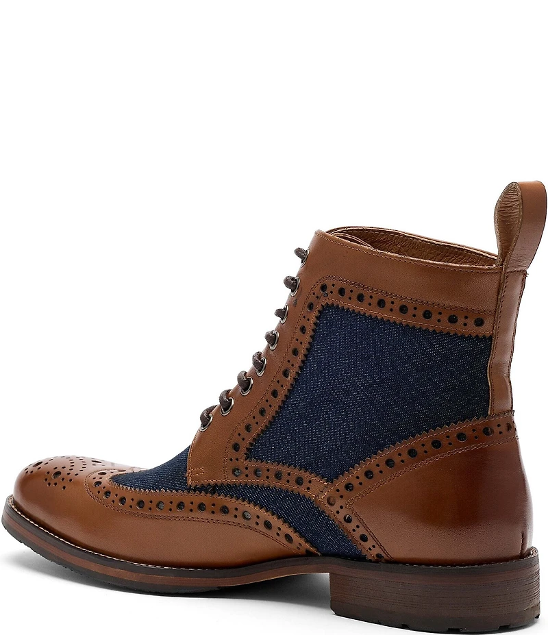 Marc Nolan Men's Belmont Leather and Denim Brogue Detail Wingtip Combat Boots