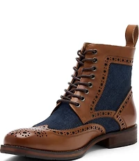 Marc Nolan Men's Belmont Leather and Denim Brogue Detail Wingtip Combat Boots