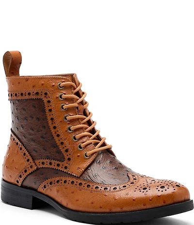 Marc Nolan Men's Belmont Ostrich Embossed Leather Brogue Wingtip Combat Boots