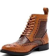 Marc Nolan Men's Belmont Ostrich Embossed Leather Brogue Wingtip Combat Boots