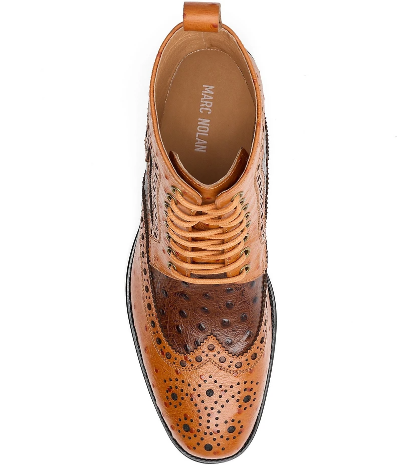 Marc Nolan Men's Belmont Ostrich Embossed Leather Brogue Wingtip Combat Boots
