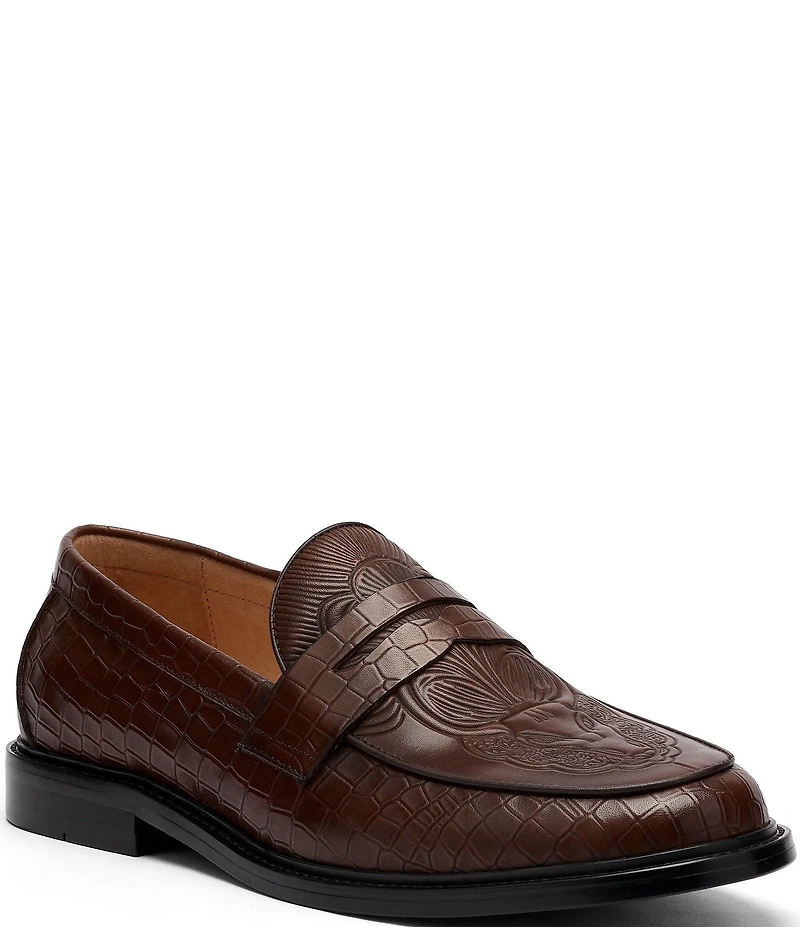 Marc Nolan Men's Calum Embossed Bull Croco Leather Penny Loafers
