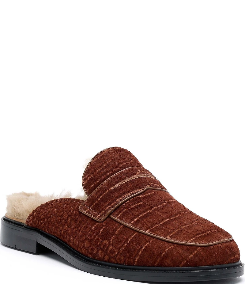 Marc Nolan Men's Del Mar Croco Embossed Suede Penny Loafer Mules