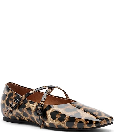 Marc Nolan Women's Billie Leopard Print Patent Leather Mary Jane Cross Strap Flats