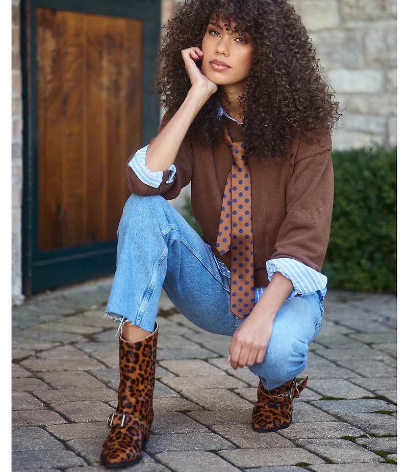 Marc Nolan Women's Donna Leopard Print Hair Calf Western Moto Ankle Boots