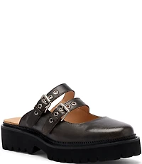 Marc Nolan Women's Lexi Brown Distressed Leather Double Buckle Mules