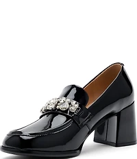 Marc Nolan Women's Margot Patent Leather Rhinestone Ornamented Block Heel Loafer Pumps