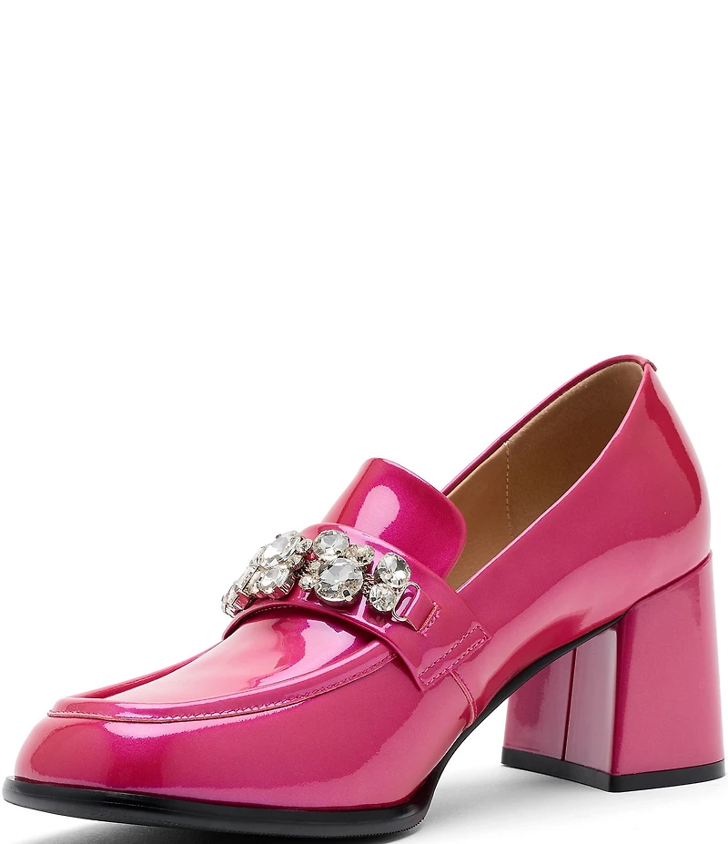 Marc Nolan Women's Margot Patent Leather Rhinestone Ornamented Block Heel Loafer Pumps