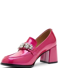 Marc Nolan Women's Margot Patent Leather Rhinestone Ornamented Block Heel Loafer Pumps
