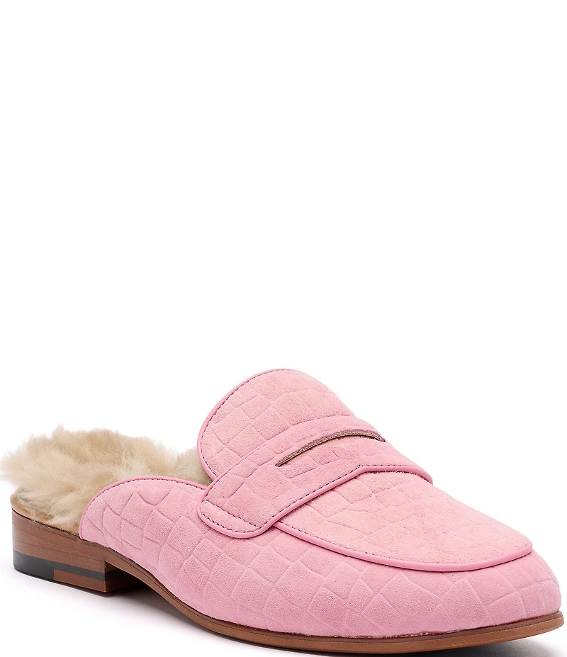 Marc Nolan Women's Ms. Del Croco Embossed Suede Shearling Penny Loafer Mules