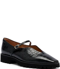 Marc Nolan Women's Roxie Black Crocskin Embossed Leather Lug Mary Janes