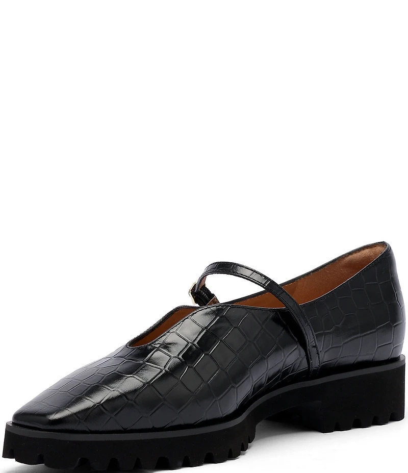 Marc Nolan Women's Roxie Black Crocskin Embossed Leather Lug Mary Janes