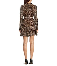 Marella Fabio Viscose Animal Print Point Collar V-Neck Long Sleeve Belted Mini Dress