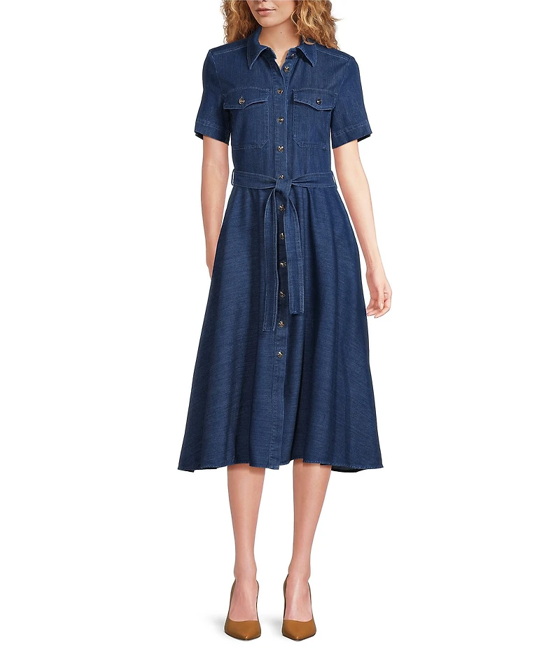 Marella Fagotto Denim Point Collar Short Sleeve Midi Dress