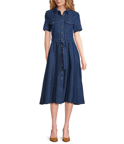 Marella Fagotto Denim Point Collar Short Sleeve Midi Dress