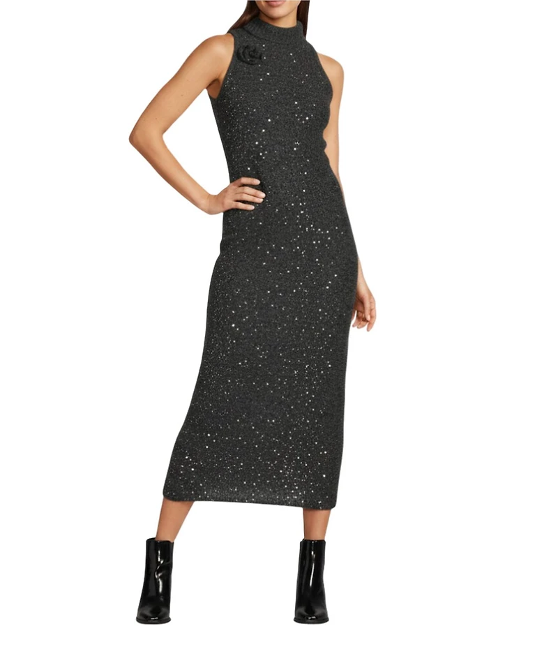Marella Ilsa Alpaca Wool Blend Sequin Knit Turtleneck Sleeveless Bodycon Maxi Sweater Dress