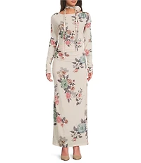 Marella Millghiglia Floral Print Jersey Boat Neck Long Sleeve Shift Maxi Dress