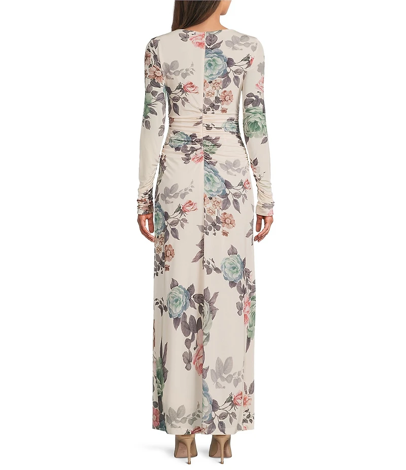 Marella Millghiglia Floral Print Jersey Boat Neck Long Sleeve Shift Maxi Dress
